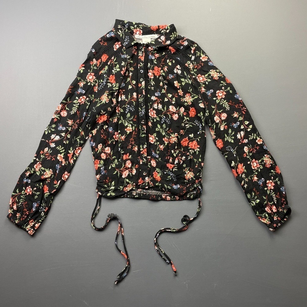 American Rag Women's S Black Floral Print Sheer Peasant Tunic Blouse Tops Casual
